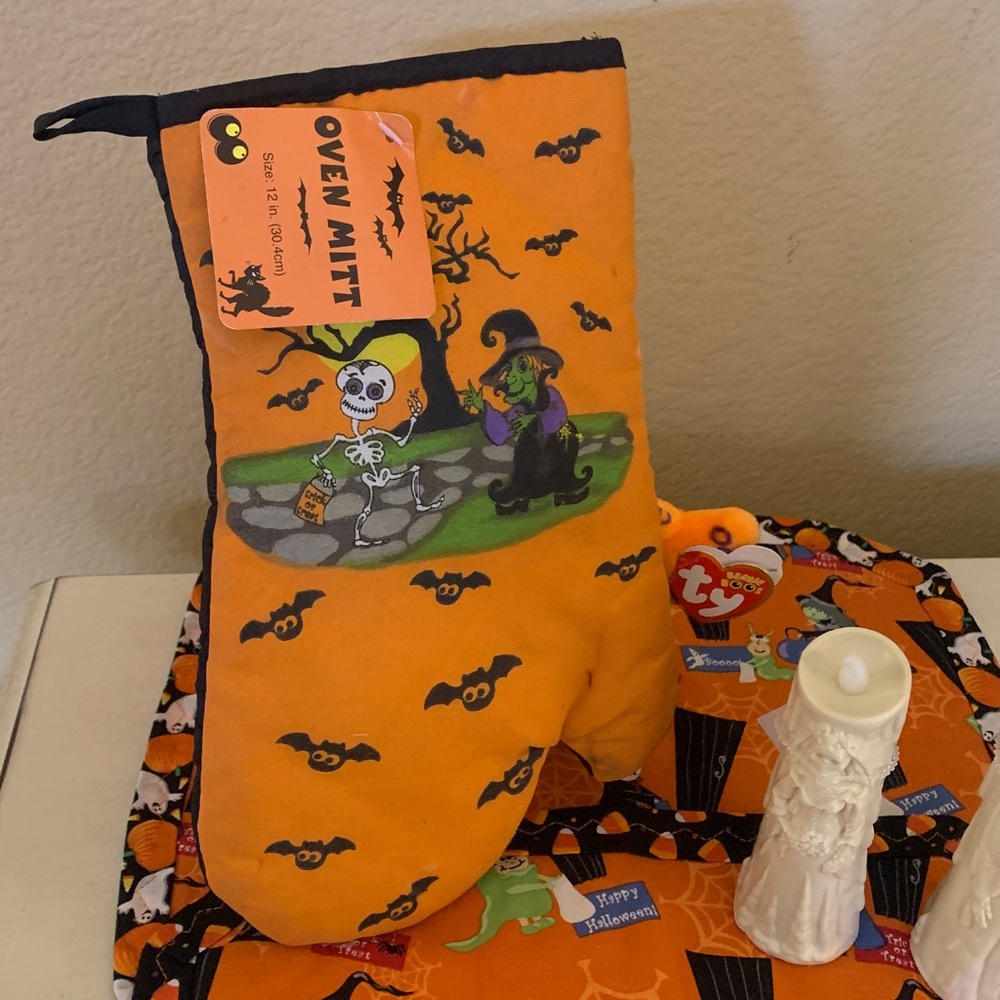 6 pc Ty Orange Boo Plush Halloween Kitchen table placemat ghost candles mitt lot - Picture 7 of 16